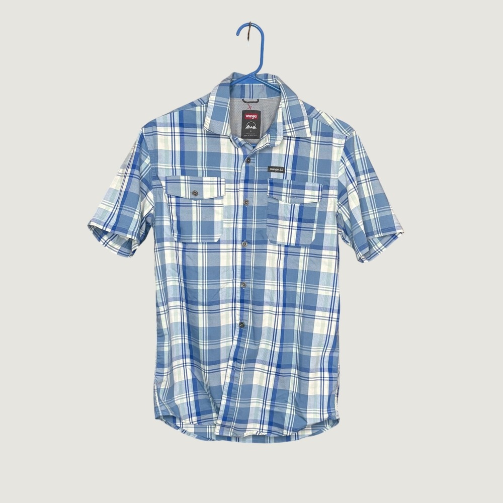 Wrangler Button Down Shirt Mens Small‎ Blue Excellent Plaid Short Sleeve